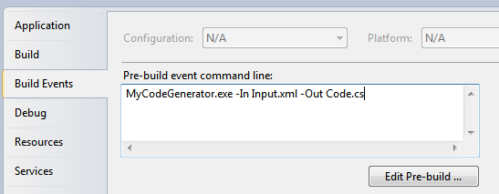 Some custom code generation being performed in a pre-build event in Visual Studio