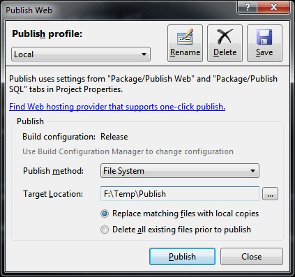 The VS2010 Publish To File System Dialog